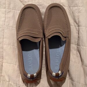 Rothy's Taupe Knit Driver Loafers with Navy & Cream Heel Stripe